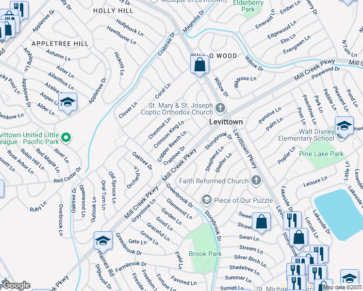 map of restaurants, bars, coffee shops, grocery stores, and more near 168 Crabtree Drive in Levittown