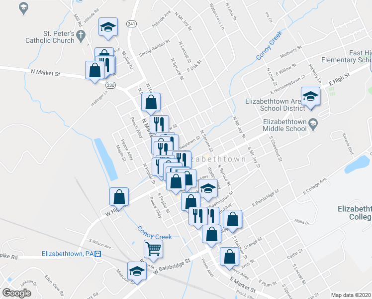 map of restaurants, bars, coffee shops, grocery stores, and more near 104 East Hummelstown Street in Elizabethtown