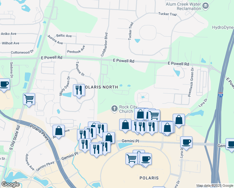 map of restaurants, bars, coffee shops, grocery stores, and more near 1253 Winningham Lane in Columbus