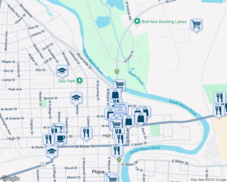 map of restaurants, bars, coffee shops, grocery stores, and more near 107 Riverside Drive in Piqua