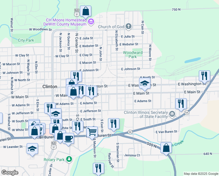 map of restaurants, bars, coffee shops, grocery stores, and more near 502 East Washington Street in Clinton