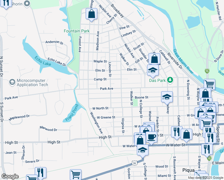 map of restaurants, bars, coffee shops, grocery stores, and more near 929 Park Avenue in Piqua