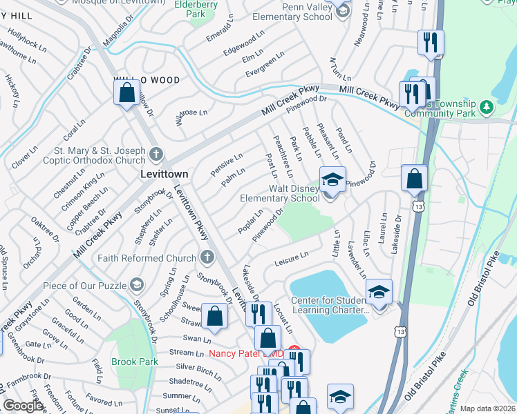 map of restaurants, bars, coffee shops, grocery stores, and more near 41 Poplar Lane in Levittown