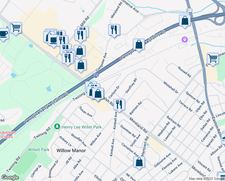 map of restaurants, bars, coffee shops, grocery stores, and more near 2040 Carlson Drive in Willow Grove