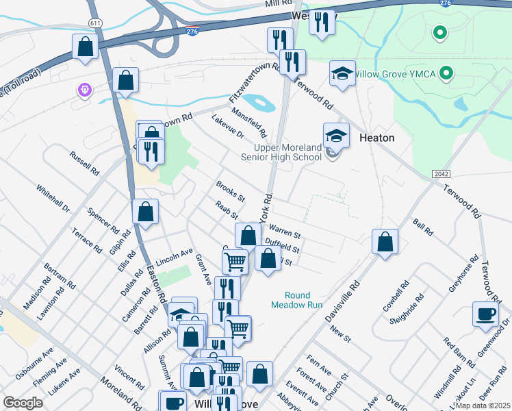map of restaurants, bars, coffee shops, grocery stores, and more near 902 North York Road in Willow Grove