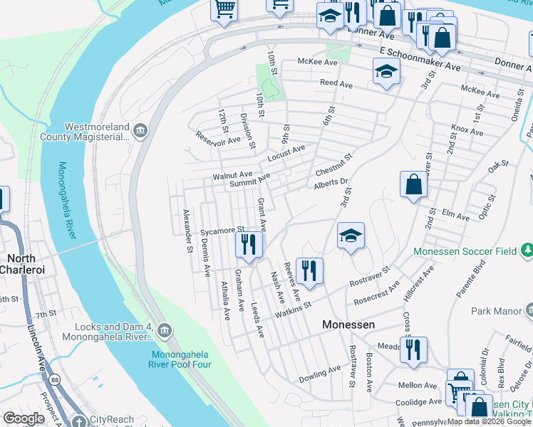 map of restaurants, bars, coffee shops, grocery stores, and more near 952 Grant Ave in Monessen
