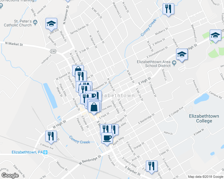 map of restaurants, bars, coffee shops, grocery stores, and more near 32 North Spruce Street in Elizabethtown