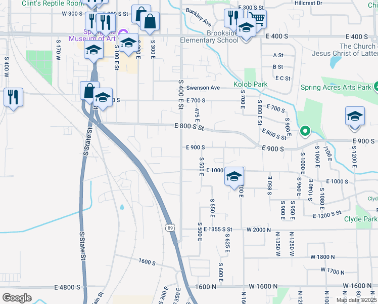 map of restaurants, bars, coffee shops, grocery stores, and more near 440 East 900 South in Springville