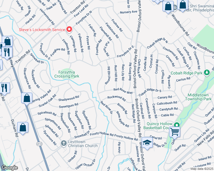 map of restaurants, bars, coffee shops, grocery stores, and more near 12 Round Hill Road in Levittown