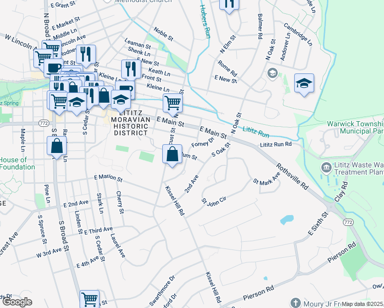 map of restaurants, bars, coffee shops, grocery stores, and more near 55 Forney Drive in Lititz