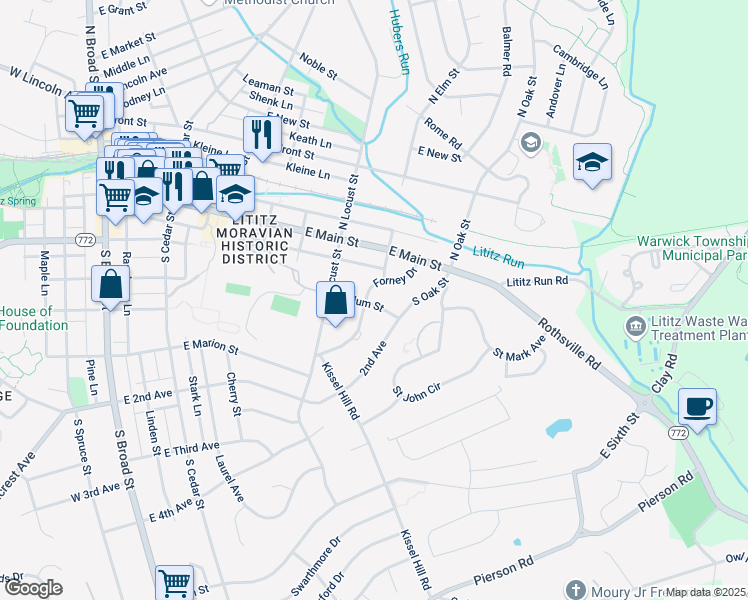 map of restaurants, bars, coffee shops, grocery stores, and more near 55 Forney Dr in Lititz