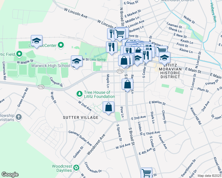 map of restaurants, bars, coffee shops, grocery stores, and more near 152 South Spruce Street in Lititz