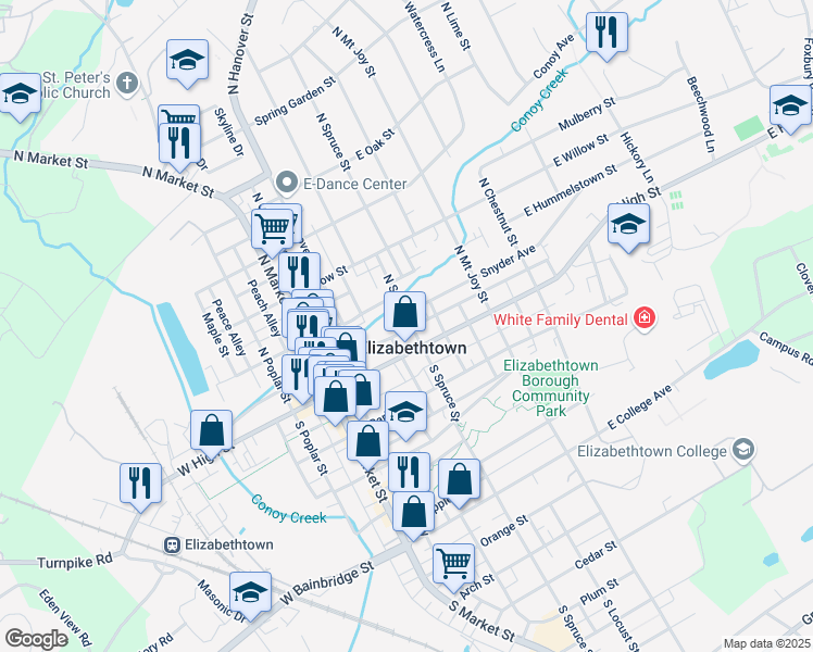 map of restaurants, bars, coffee shops, grocery stores, and more near 32 North Spruce Street in Elizabethtown