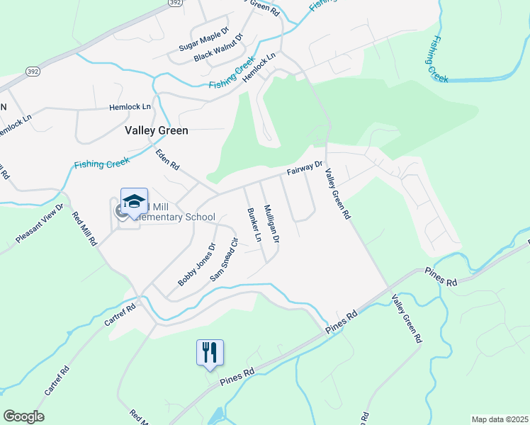 map of restaurants, bars, coffee shops, grocery stores, and more near 25 Mulligan Drive in Valley Green
