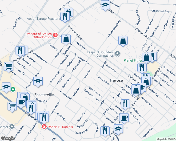 map of restaurants, bars, coffee shops, grocery stores, and more near 1604 Lake Road in Trevose