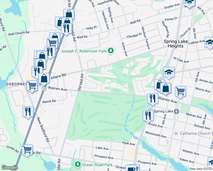 map of restaurants, bars, coffee shops, grocery stores, and more near 75 Maple Drive in Spring Lake