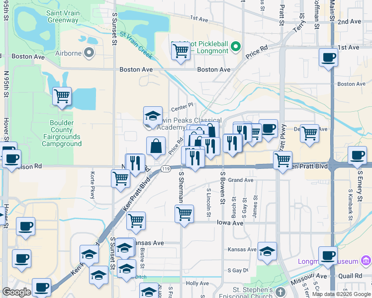 map of restaurants, bars, coffee shops, grocery stores, and more near 1341 Sherman Drive in Longmont
