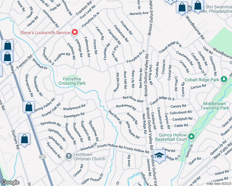 map of restaurants, bars, coffee shops, grocery stores, and more near 12 Round Hill Road in Levittown