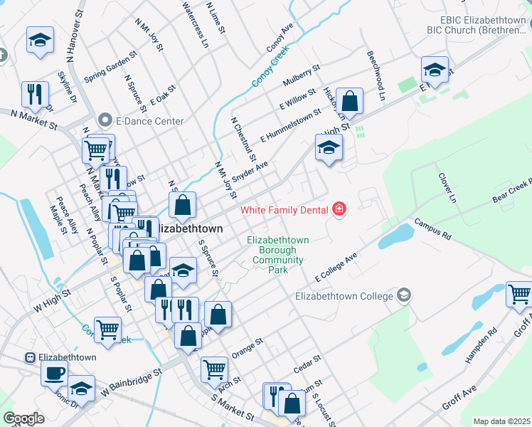 map of restaurants, bars, coffee shops, grocery stores, and more near 443 East Park Street in Elizabethtown