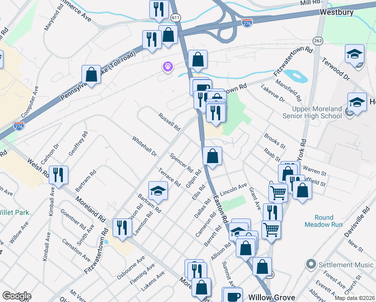 map of restaurants, bars, coffee shops, grocery stores, and more near 419 Madison Road in Willow Grove