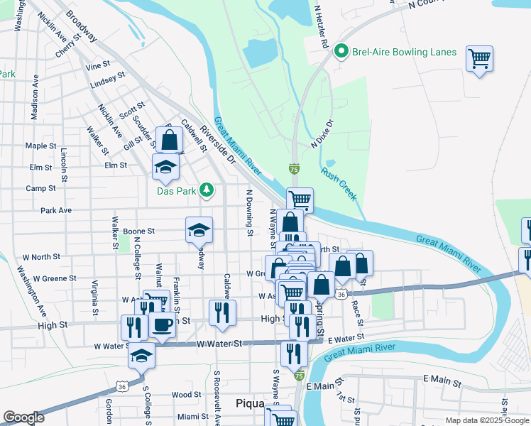 map of restaurants, bars, coffee shops, grocery stores, and more near 726 North Wayne Street in Piqua