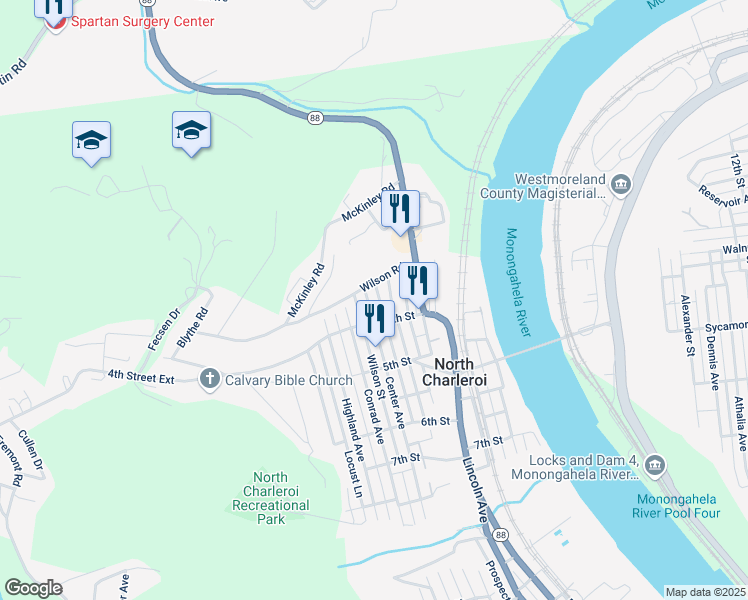 map of restaurants, bars, coffee shops, grocery stores, and more near 319 Center Avenue in Charleroi