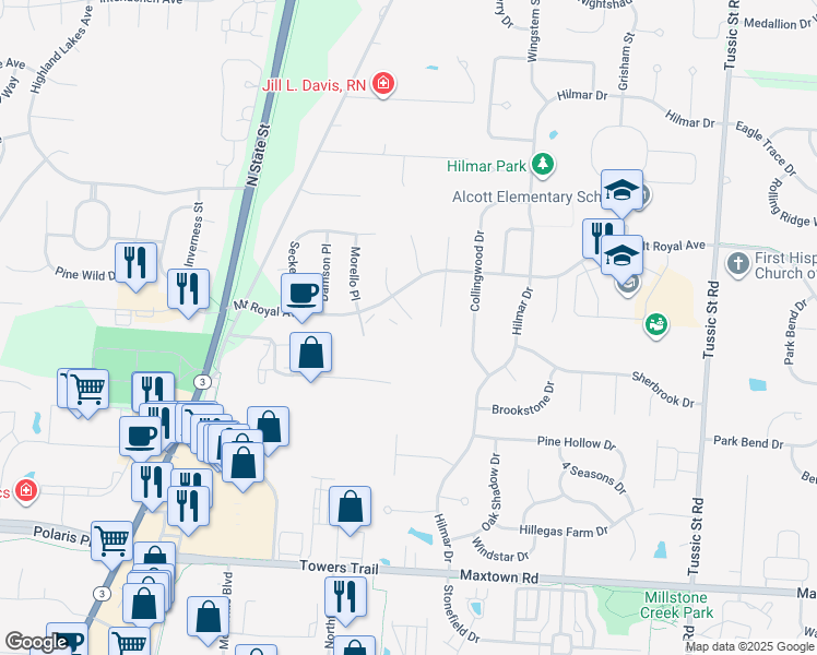 map of restaurants, bars, coffee shops, grocery stores, and more near 6538 Mount Royal Avenue in Westerville