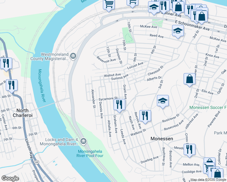 map of restaurants, bars, coffee shops, grocery stores, and more near 944 Graham Avenue in Monessen