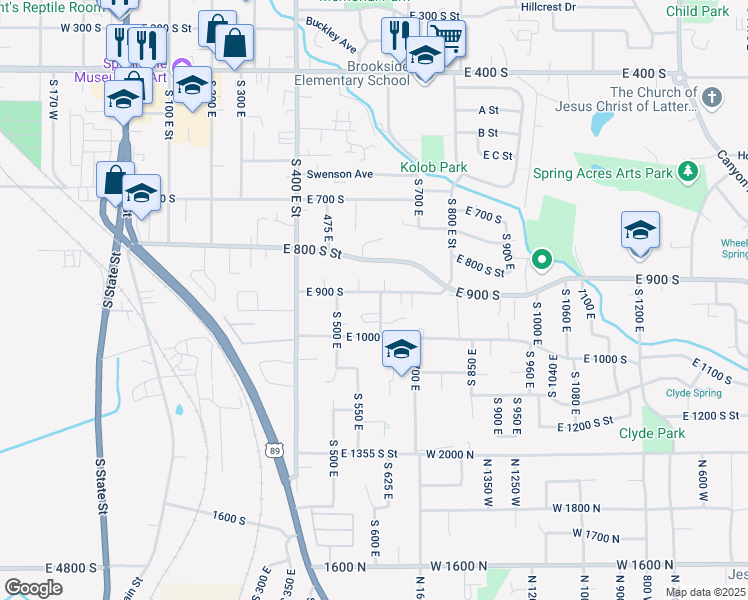 map of restaurants, bars, coffee shops, grocery stores, and more near 592 East 900 South in Springville