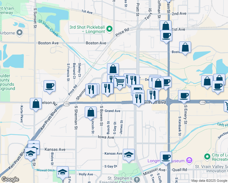 map of restaurants, bars, coffee shops, grocery stores, and more near 1050 Ken Pratt Blvd in Longmont