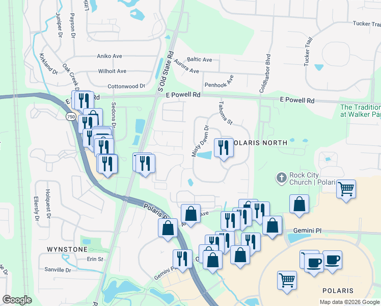 map of restaurants, bars, coffee shops, grocery stores, and more near 9113 Misty Dawn Drive in Columbus