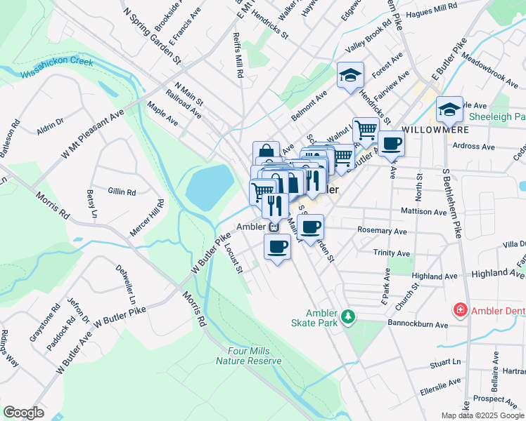 map of restaurants, bars, coffee shops, grocery stores, and more near 27 West Butler Pike in Ambler
