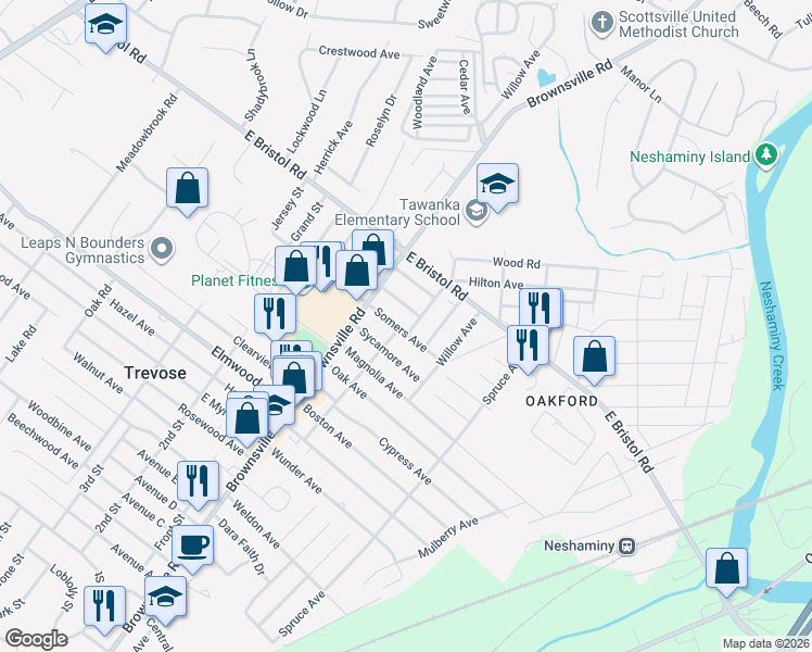 map of restaurants, bars, coffee shops, grocery stores, and more near 4904 Somers Avenue in Feasterville-Trevose