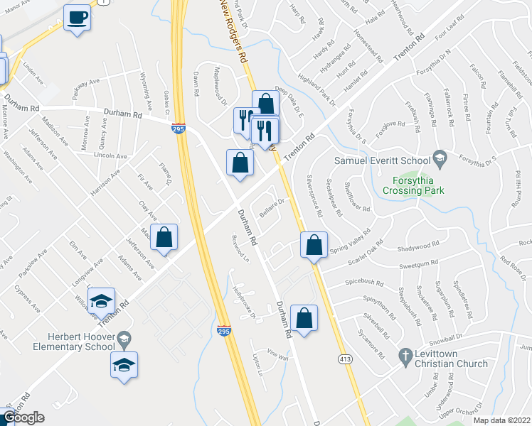 map of restaurants, bars, coffee shops, grocery stores, and more near 30 Bellaire Drive in Langhorne