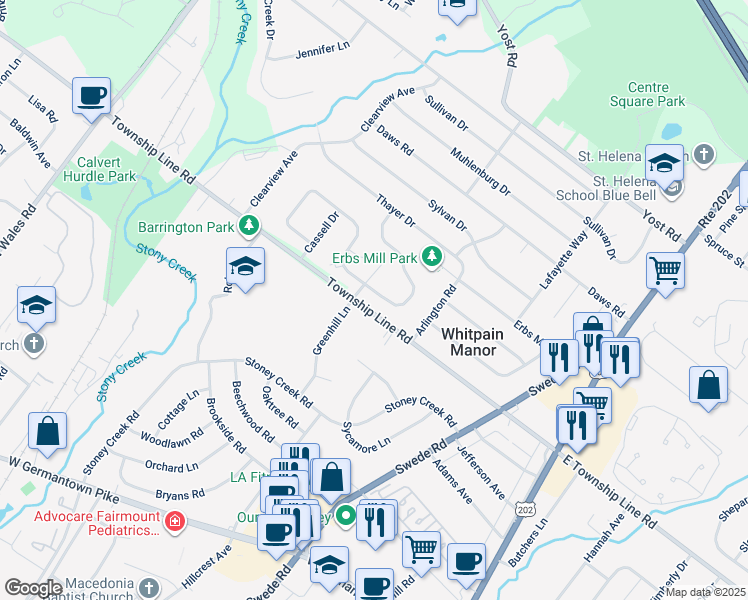 map of restaurants, bars, coffee shops, grocery stores, and more near 1774 Talbot Road in Blue Bell
