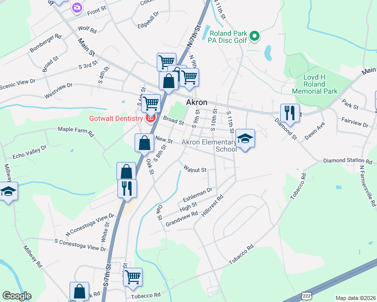 map of restaurants, bars, coffee shops, grocery stores, and more near 203 S 9th St in Akron