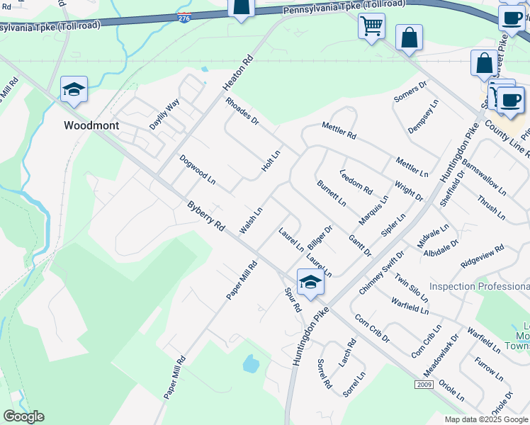 map of restaurants, bars, coffee shops, grocery stores, and more near 3561 Walsh Lane in Montgomery County