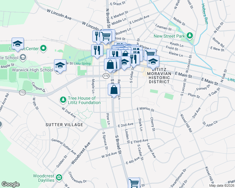 map of restaurants, bars, coffee shops, grocery stores, and more near 148 Raspberry Ln in Lititz