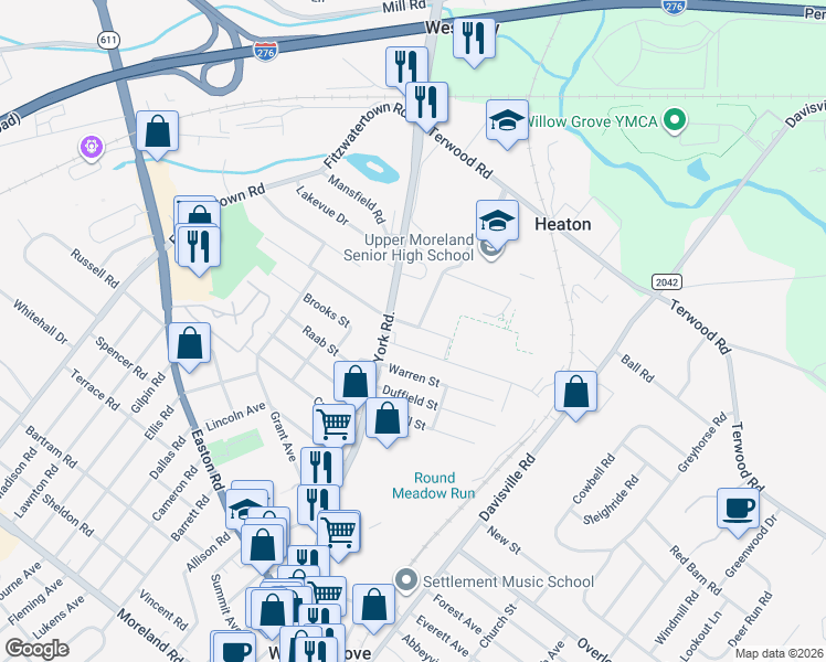map of restaurants, bars, coffee shops, grocery stores, and more near 240 Reed Street in Willow Grove
