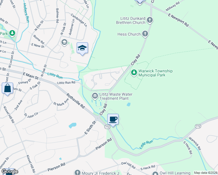 map of restaurants, bars, coffee shops, grocery stores, and more near 31 Sandstone Court in Lititz
