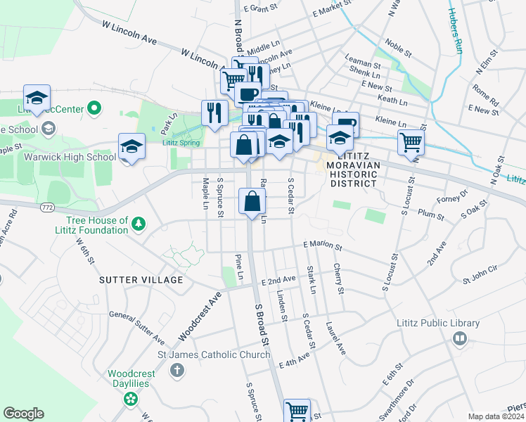 map of restaurants, bars, coffee shops, grocery stores, and more near 150 Raspberry Lane in Lititz