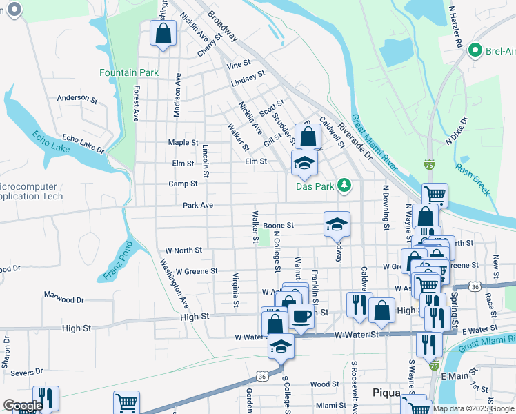 map of restaurants, bars, coffee shops, grocery stores, and more near 745 Park Avenue in Piqua