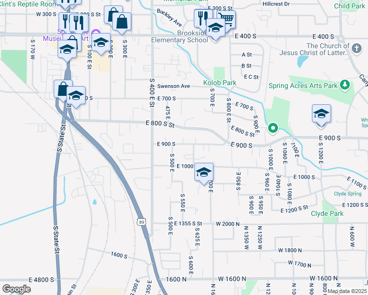 map of restaurants, bars, coffee shops, grocery stores, and more near 592 East 900 South in Springville