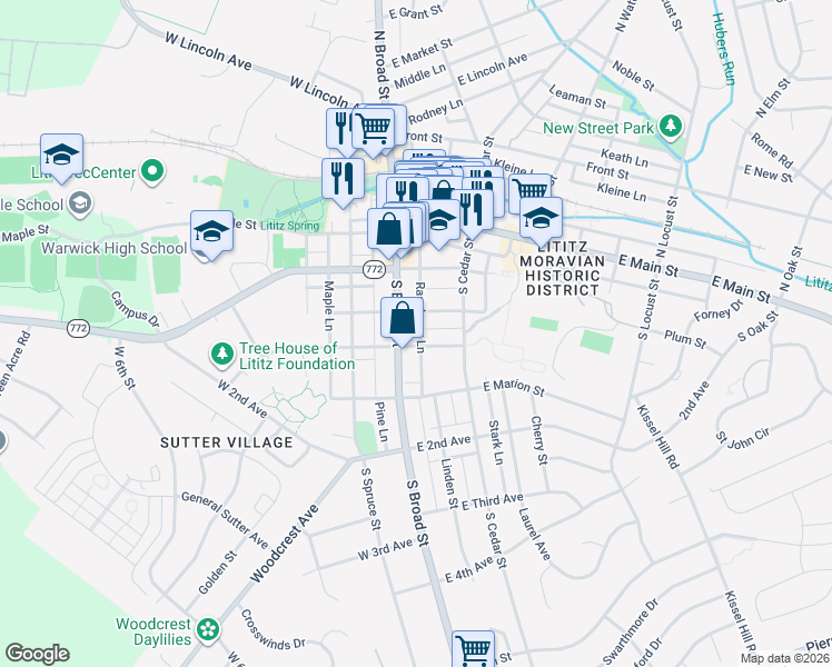 map of restaurants, bars, coffee shops, grocery stores, and more near 148 Raspberry Lane in Lititz