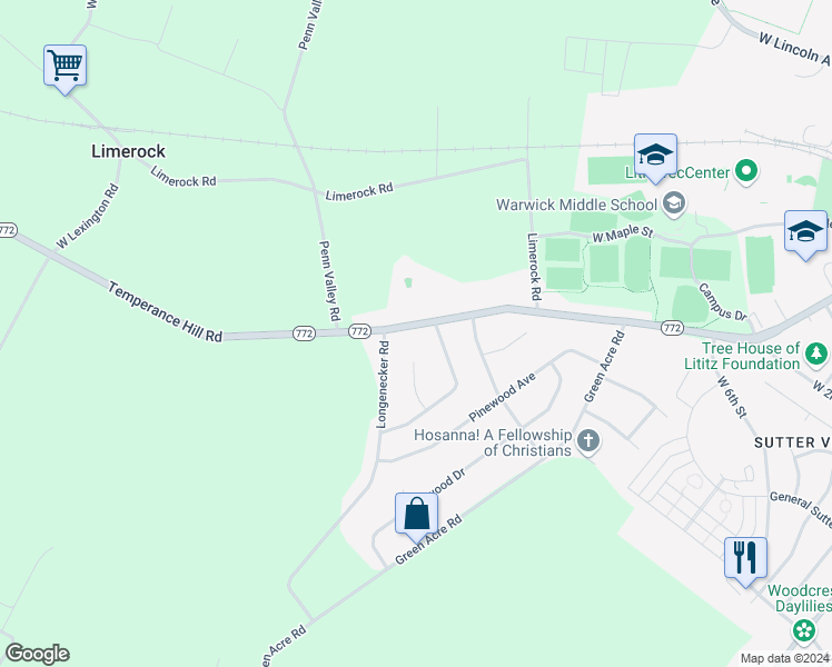 map of restaurants, bars, coffee shops, grocery stores, and more near 626 West Orange Street in Lititz