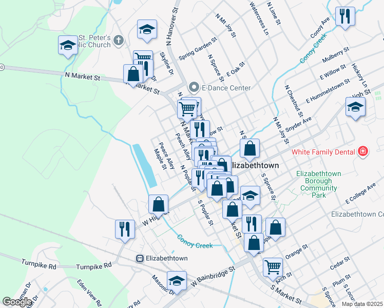 map of restaurants, bars, coffee shops, grocery stores, and more near 130 North Market Street in Elizabethtown