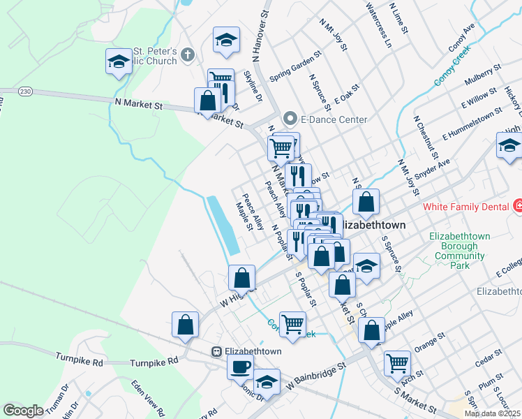 map of restaurants, bars, coffee shops, grocery stores, and more near 154 North Poplar Street in Elizabethtown