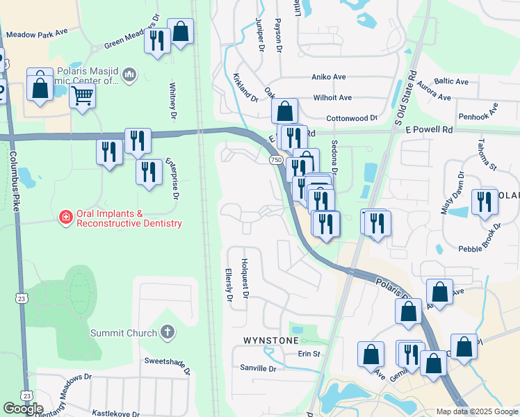 map of restaurants, bars, coffee shops, grocery stores, and more near 1163 Bayridge Drive in Lewis Center