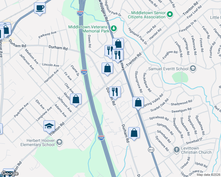 map of restaurants, bars, coffee shops, grocery stores, and more near 140 Sandybrook Drive in Langhorne