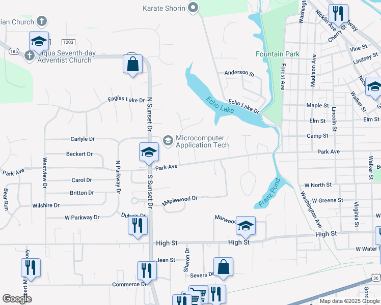 map of restaurants, bars, coffee shops, grocery stores, and more near 1324 Park Avenue in Piqua